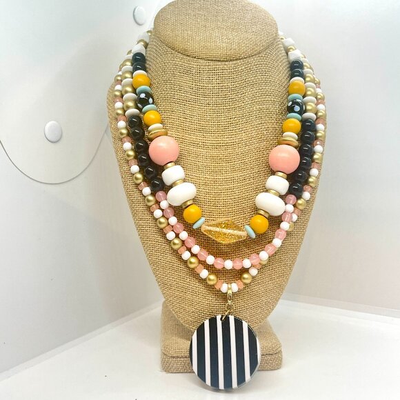 PLUNDER MULTI STRAND LAYER POP ART NECKLACE BEADS STRIPE PENDANT ORANGE PINK - Picture 1 of 16